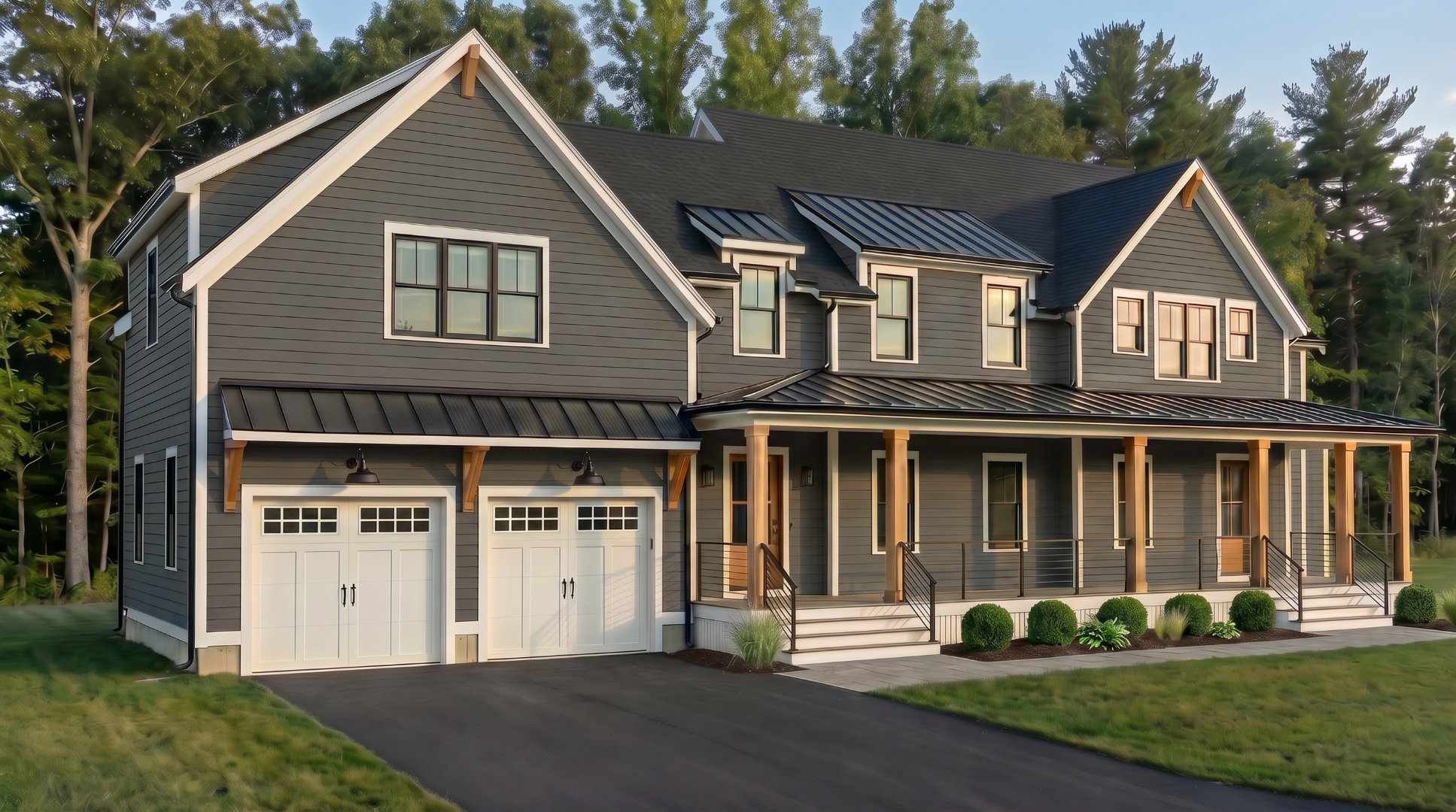Front exterior rendering of 111 Elm Street — iron gray clapboard with white oak accents, black standing-seam roof, and two-car garage