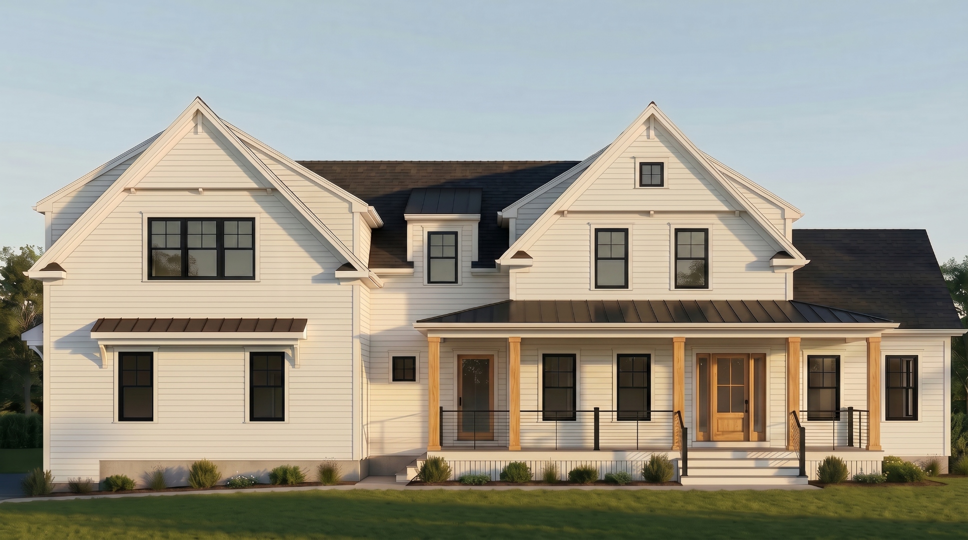 Front exterior rendering of 115 Elm Street — white clapboard with white oak porch columns and black standing-seam roof