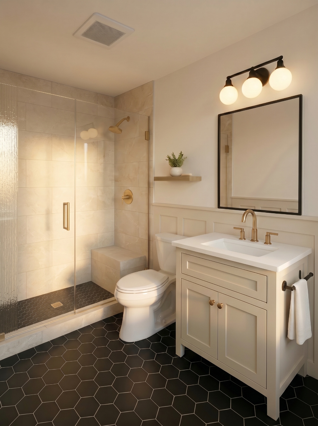 Ensuite bathroom rendering with beige tile — 115 Elm Street