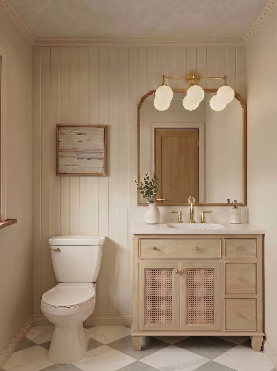 Powder room rendering with checker floor — 115 Elm Street