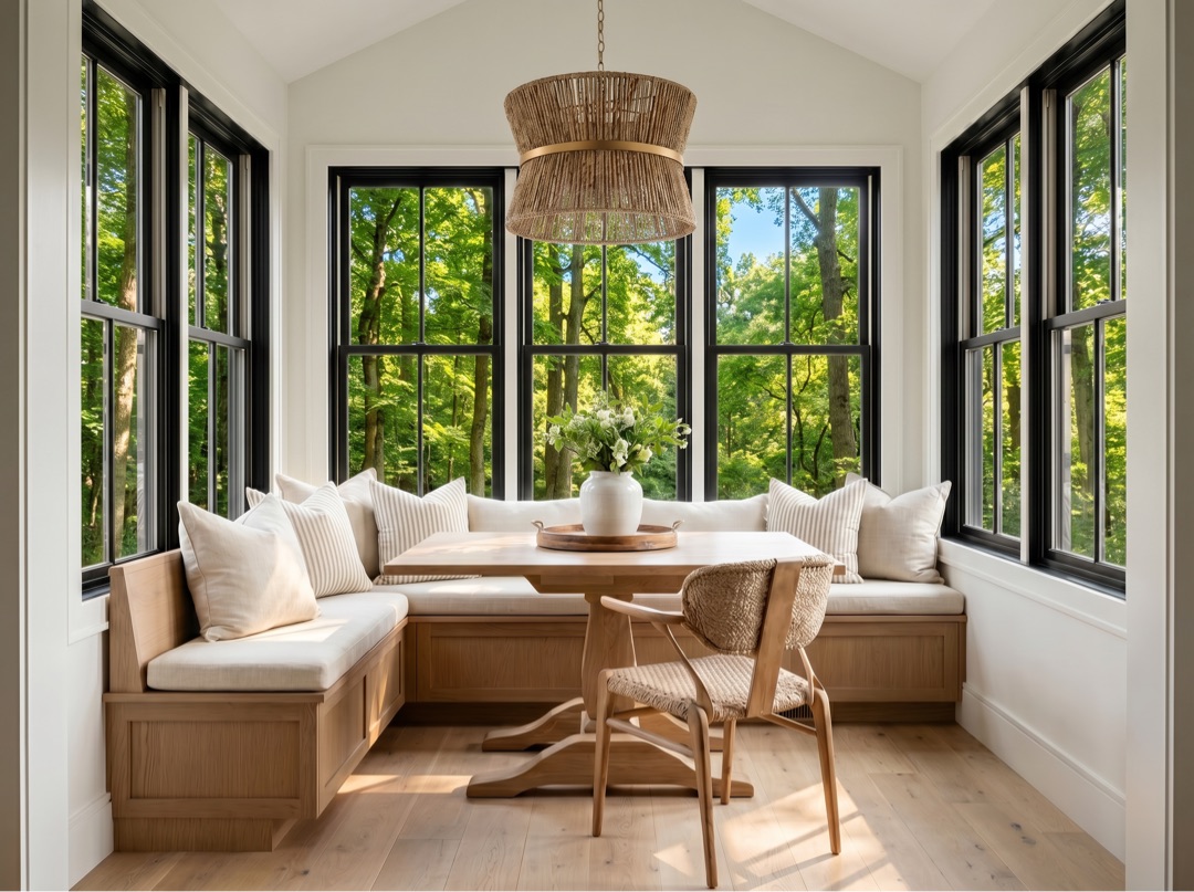 Breakfast nook rendering with built-in banquette and rattan pendant — 115 Elm Street