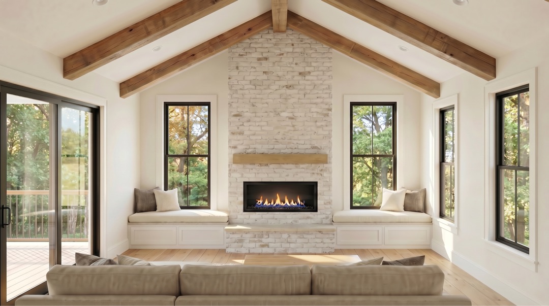 Great room rendering with cathedral ceiling, wood beams, and white brick fireplace — 115 Elm Street