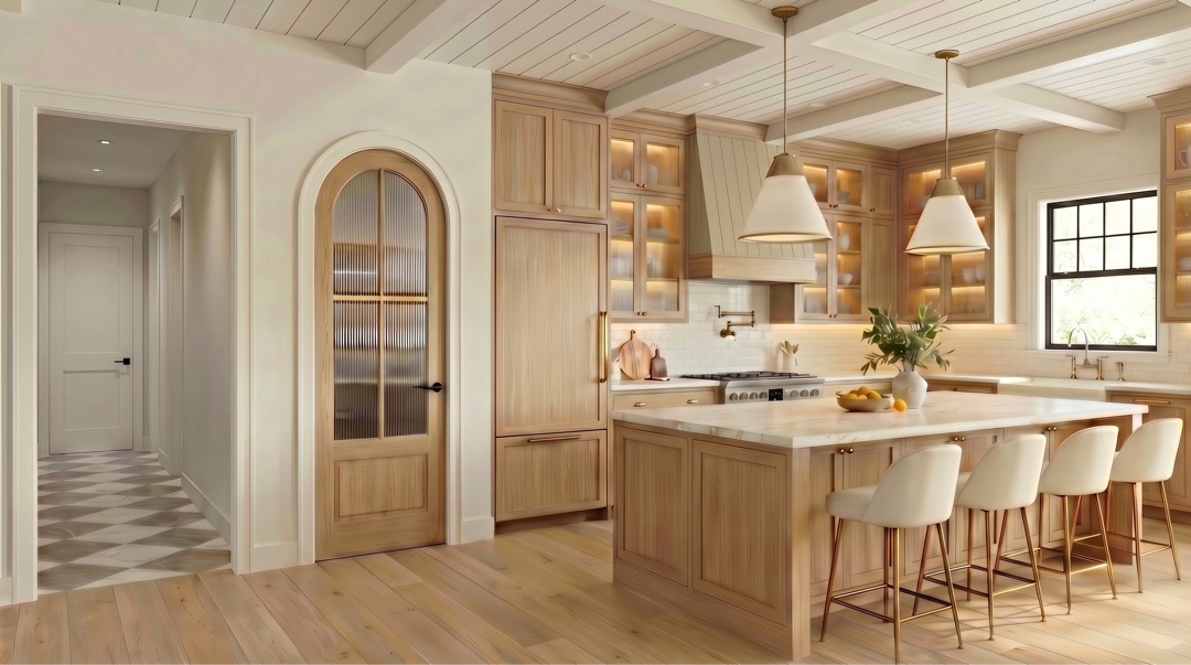 Kitchen rendering with white oak cabinetry, arched pantry, and coffered ceiling — 115 Elm Street